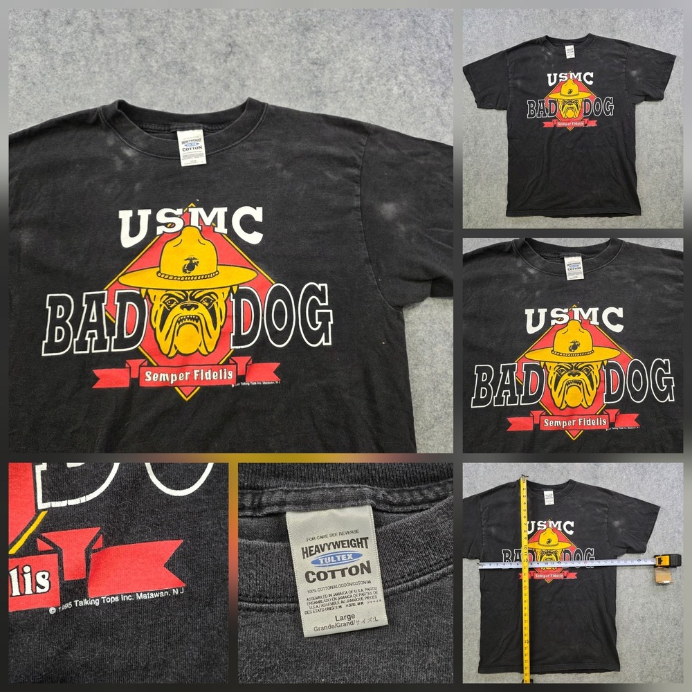 Vintage 1995 USMC Bad Dog T Shirt Mens Large Black Tultex Marine Graphic Tee